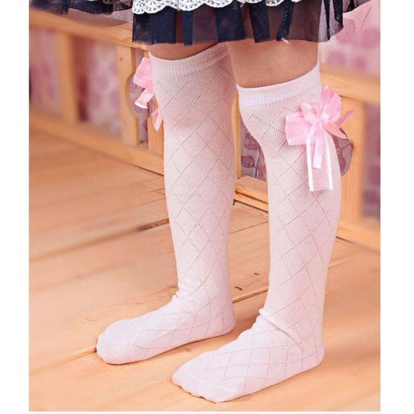 3 Pairs Children's Tube Socks Mesh Bow Princess Socks Square Grid Over Knee Socks, Size:43cm(pink)
