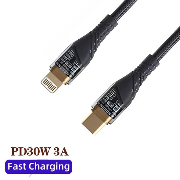 2pcs PD30W USB-C / Type-C to 8 Pin Transparent 3A Fast Charging Data Cable, Length: 1m(Black)