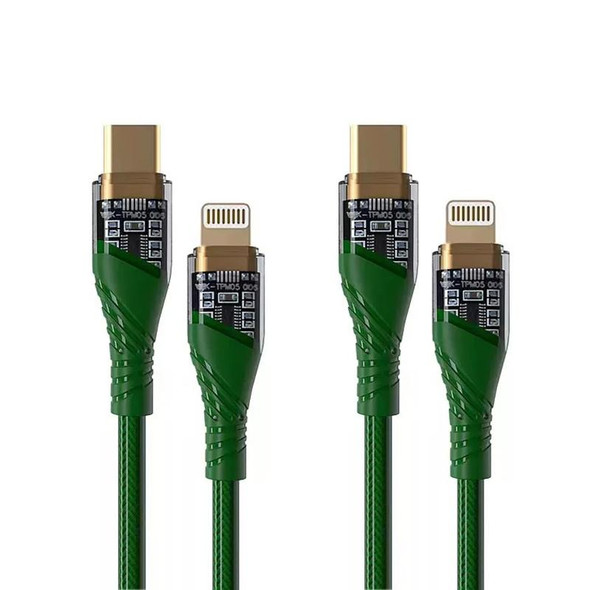 2pcs PD30W USB-C / Type-C to 8 Pin Transparent 3A Fast Charging Data Cable, Length: 1m(Green)