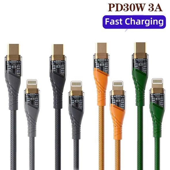 2pcs PD30W USB-C / Type-C to 8 Pin Transparent 3A Fast Charging Data Cable, Length: 1m(Green)