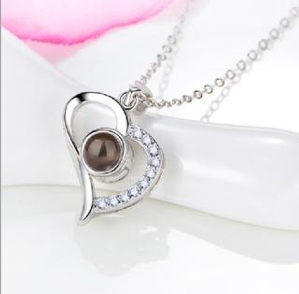 100 Language I Love You Projective Girl Heart Pendant Necklace Jewelry (Silver)