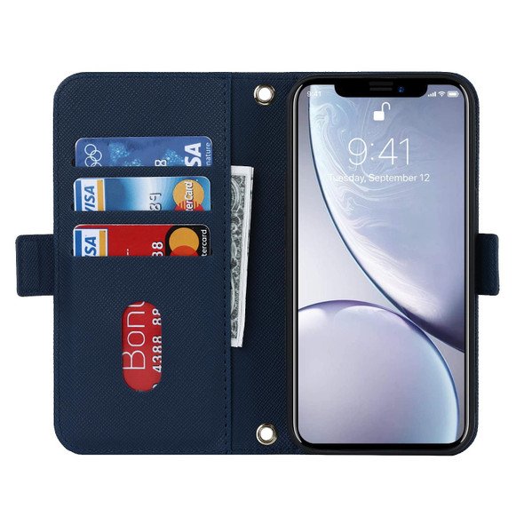 For iPhone XR Cross Texture Lanyard Leatherette Phone Case(Blue)