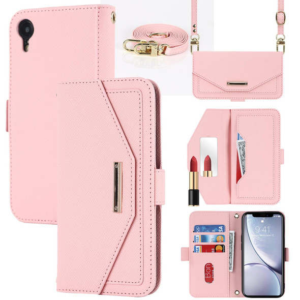 For iPhone XR Cross Texture Lanyard Leatherette Phone Case(Pink)