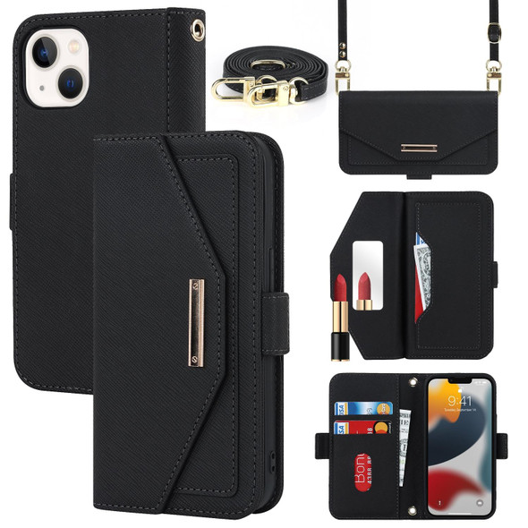 For iPhone 13 mini Cross Texture Lanyard Leatherette Phone Case(Black)