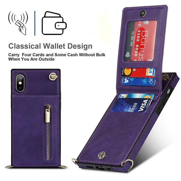 Cross-body Zipper Square TPU+PU Back Cover Case with Holder & Card Slots & Wallet & Strap - iPhone XS / X(Purple)