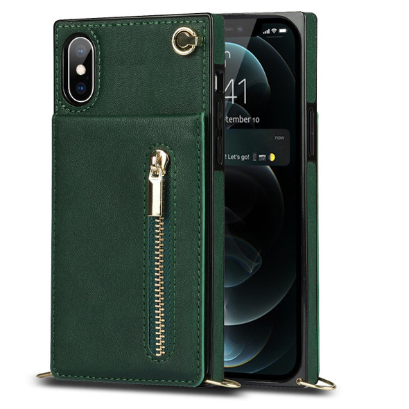 Cross-body Zipper Square TPU+PU Back Cover Case with Holder & Card Slots & Wallet & Strap - iPhone XS / X(Green)