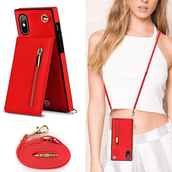 Cross-body Zipper Square TPU+PU Back Cover Case with Holder & Card Slots & Wallet & Strap - iPhone XS / X(Red)