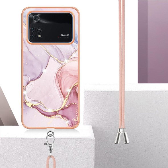 For Xiaomi Poco M4 Pro 4G Electroplating Marble Dual-side IMD Phone Case with Lanyard(Rose Gold 005)