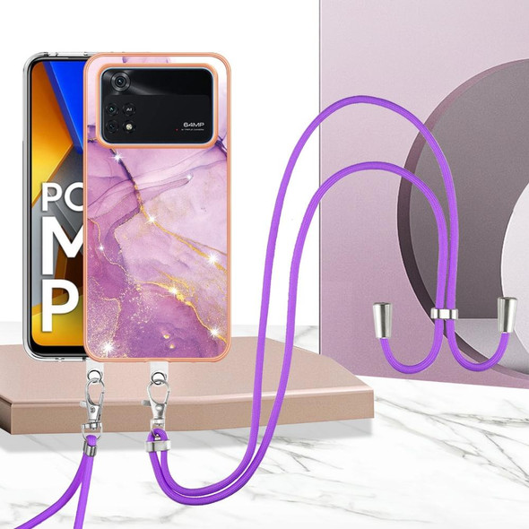 For Xiaomi Poco M4 Pro 4G Electroplating Marble Dual-side IMD Phone Case with Lanyard(Purple 001)