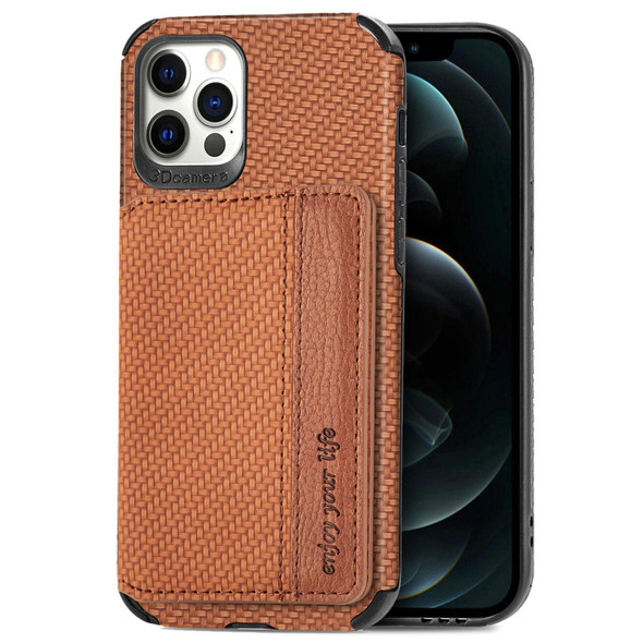 Carbon Fiber Magnetic Card Bag TPU+PU Shockproof Back Cover Case with Holder & Card Slot & Photo Frame - iPhone 12 Pro Max(Brown)