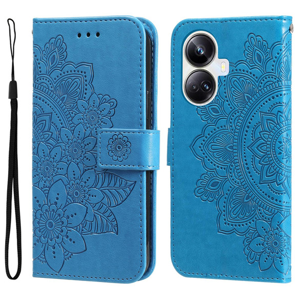 For Realme 10 Pro+ 5G 7-petal Flowers Embossing Leatherette Phone Case(Blue)