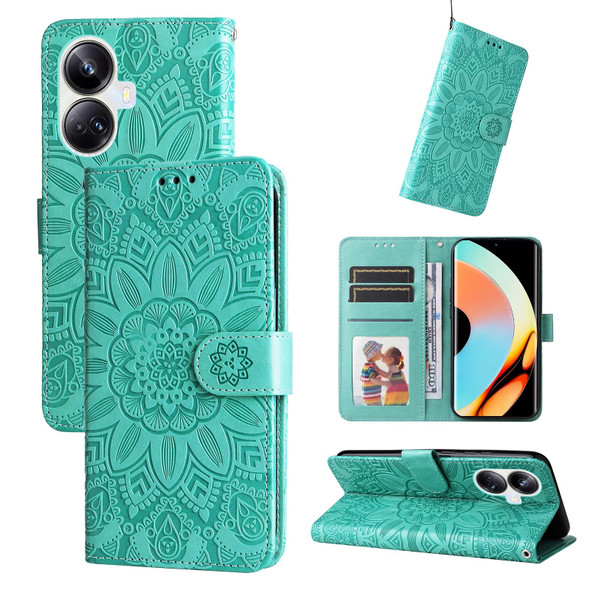 For Realme 10 Pro+ 5G Embossed Sunflower Leatherette Phone Case(Green)