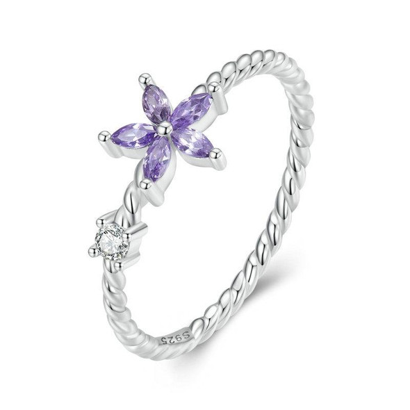 BSR326 Sterling Silver S925 Geometric Zirconia Purple Flower White Gold Plated Ring(No.8)