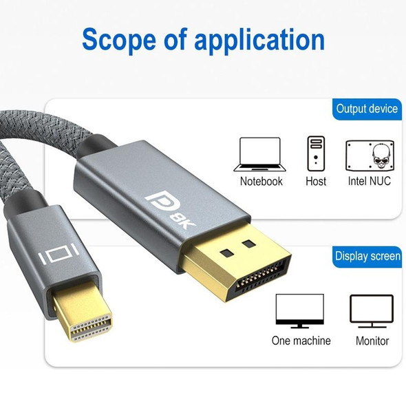 Mini&#160;DP Male to 8K DisplayPort 1.4 Male HD Braided Adapter Cable, Cable Length: 2m