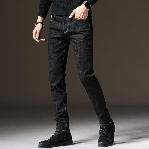 Autumn and Winter Men Jeans Thickened Warm Slim Chinos, Size: 38(1619 Black General)