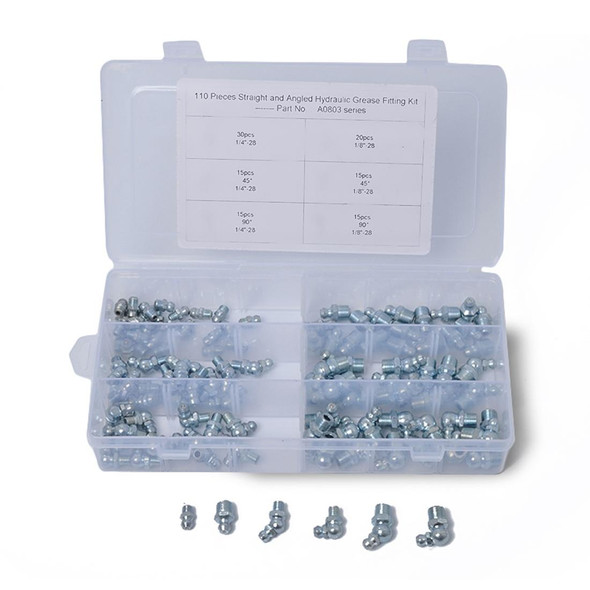 110 PCS Straight and Angled Hydraulic Grease Zerk Fitting SAE Kit