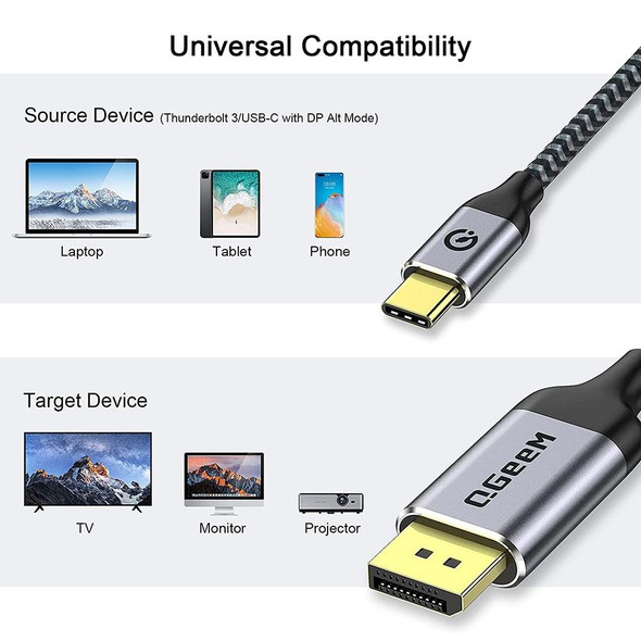 QGeeM QG-UA13 Type-C To DP 4K 60Hz Nylon Braided Adapter Cable, Length: 1.2m