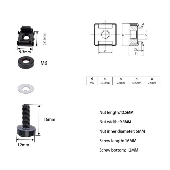 100 PCS Cage Nuts and Screw Cage Nuts M6 + Rack Screws M6x16