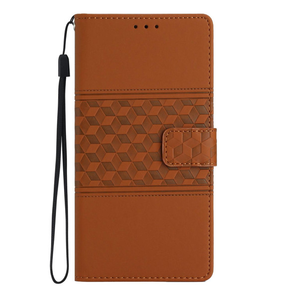 For iPhone XR Diamond Embossed Skin Feel Leatherette Phone Case with Lanyard(Brown)