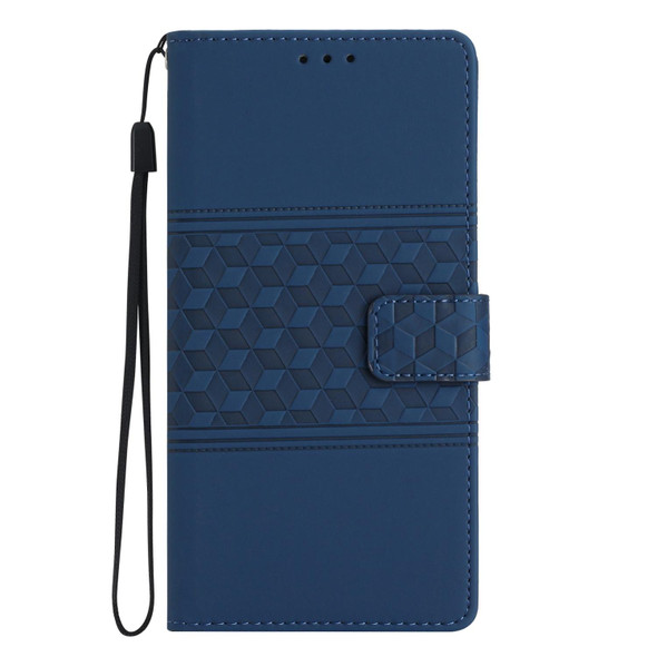 For iPhone 14 Plus Diamond Embossed Skin Feel Leatherette Phone Case with Lanyard(Dark Blue)