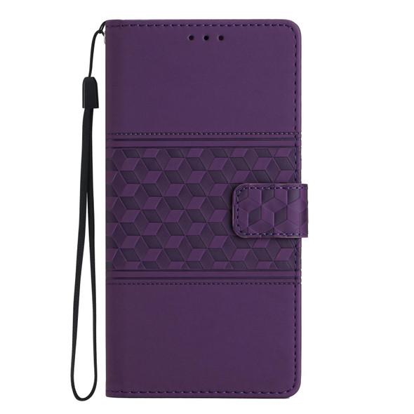 For Samsung Galaxy M32 Diamond Embossed Skin Feel Leatherette Phone Case with Lanyard(Purple)