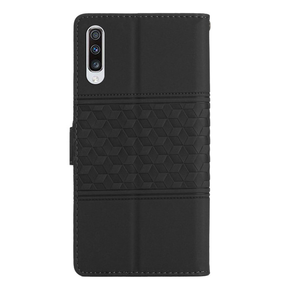 For Samsung Galaxy A50 Diamond Embossed Skin Feel Leatherette Phone Case with Lanyard(Black)