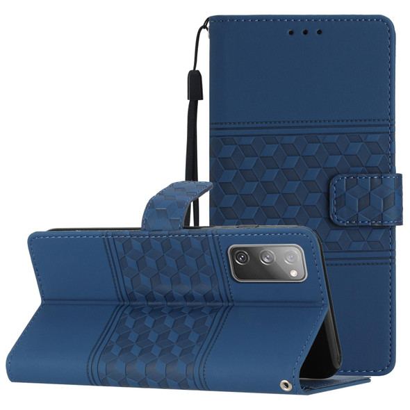 For Samsung Galaxy S20 FE Diamond Embossed Skin Feel Leatherette Phone Case with Lanyard(Dark Blue)