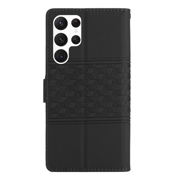 For Samsung Galaxy S22 Ultra 5G Diamond Embossed Skin Feel Leatherette Phone Case with Lanyard(Black)