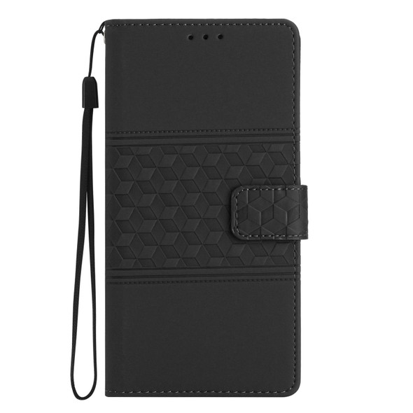 For Samsung Galaxy S10E Diamond Embossed Skin Feel Leatherette Phone Case with Lanyard(Black)