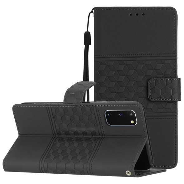 For Samsung Galaxy S20 Diamond Embossed Skin Feel Leatherette Phone Case with Lanyard(Black)