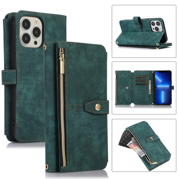 For iPhone 13 Pro Dream 9-Card Wallet Zipper Bag Leatherette Phone Case(Green)