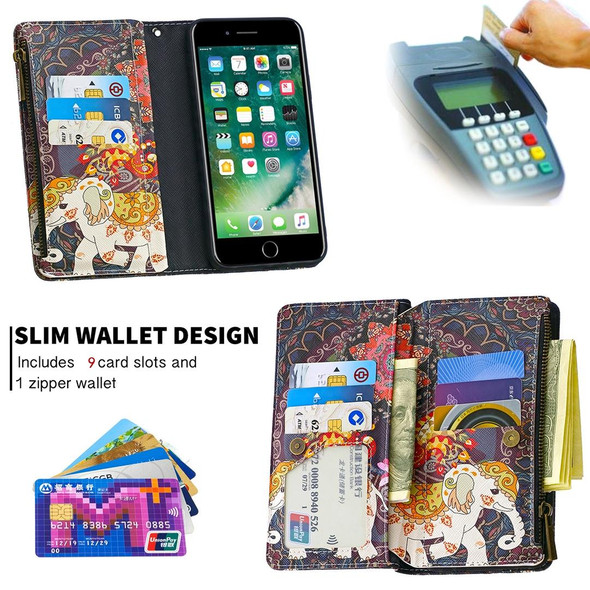 For iPhone 8 Plus & 7 Plus Colored Drawing Pattern Zipper Horizontal Flip Leatherette Case with Holder & Card Slots & Wallet(Flower Elephants)