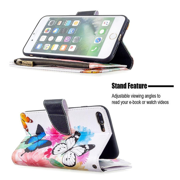 For iPhone 8 Plus & 7 Plus Colored Drawing Pattern Zipper Horizontal Flip Leatherette Case with Holder & Card Slots & Wallet(Two Butterflies)