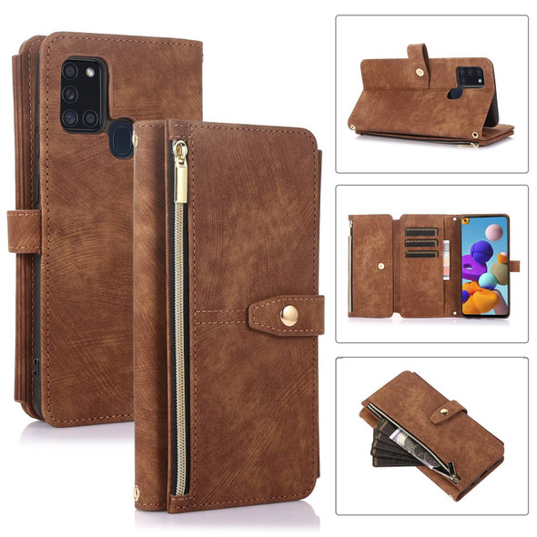 For Samsung Galaxy A21s Dream 9-Card Wallet Zipper Bag Leatherette Phone Case(Brown)