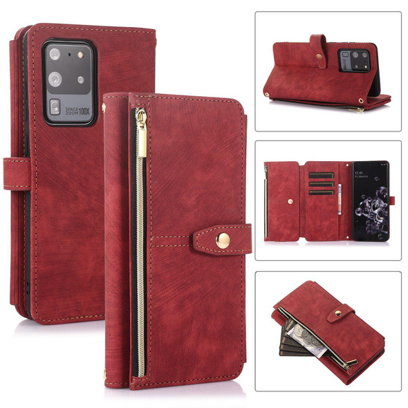 For Samsung Galaxy S20 Dream 9-Card Wallet Zipper Bag Leatherette Phone Case(Red)