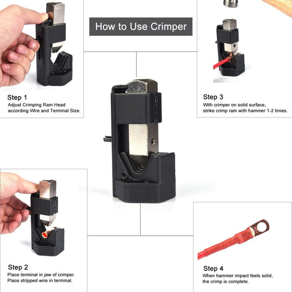 Car Battery Cable Hammer Crimper Hammer Lug Crimper Tool Pliers with T2 Copper 6 x 3/8 Heavy-duty Cold-pressed Wire Terminals