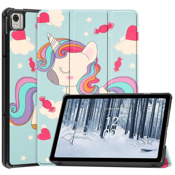 For Nokia T21 Custer Painted 3-Fold Holder Leatherette Smart Tablet Case(Unicorn)