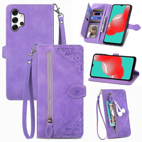 For  Samsung Galaxy A32 5G Embossed Flower Shockproof Leatherette Phone Case(Purple)