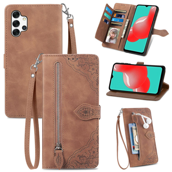 For  Samsung Galaxy A32 5G Embossed Flower Shockproof Leatherette Phone Case(Brown)