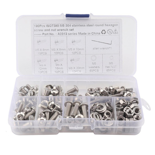 190 PCS 304 Stainless Steel Screws and Nuts Hex Socket Head Cap Screws Gasket Wrench Assortment Set Kit