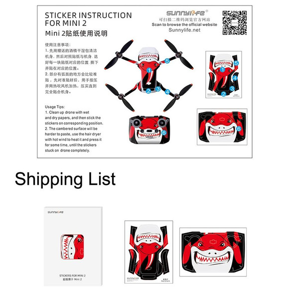 Sunnylife MM2-TZ452 For DJI Mini 2 Waterproof PVC Drone Body + Arm + Remote Control Decorative Protective Stickers Set(Shark Red)