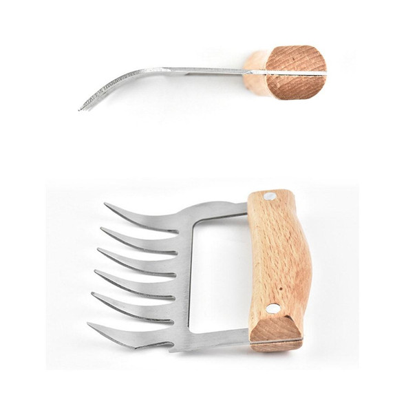 2 PCS Bear Claw Shaped stainless steel Barbecue Fork Chicken Shredded Wooden Handle  Anti-skid Creative Kitchen Fork Claw Meat Claw Splitter with (Wood color)