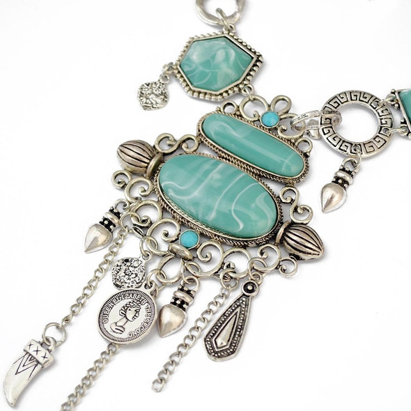 Exaggerated Openwork Pattern With Turquoise Alloy Stones Necklace(Silver)