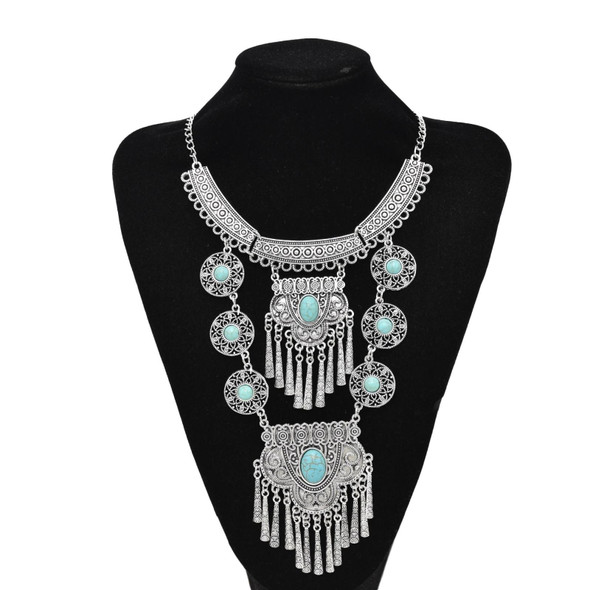 Exaggerated Necklace Tassel Vintage Female Alloy Plated Collarbone Chain, Color: Blue