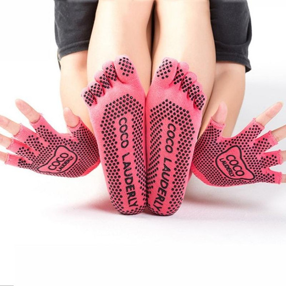 Non-slip Open Finger Yoga Sports Gloves+Five Finger Yoga Socks Set, Size: One Size(Red)