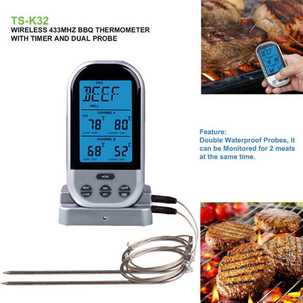 Double Probes Wireless Digital Kitchen Thermometer LCD Display Temperature Timer Alarm for Cooking Meat Grill Oven Food BBQ