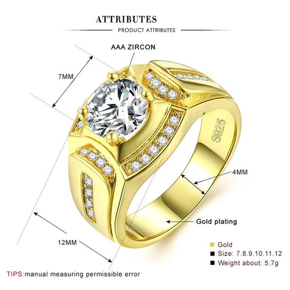 Fashion Businessman 18K White Gold Plated + AAA Zircon Men Diamond Ring, Size: 9, Diameter: 18.9mm, Perimeter: 59.5mm