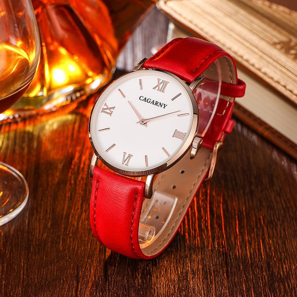 CAGARNY 6812 Concise Style Ultra Thin Quartz Wrist Watch with Leatherette Band for Women(Red Band)