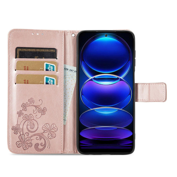 For Xiaomi Redmi Note 12 Pro+ China Four-leaf Clasp Embossed Buckle Leather Phone Case(Rose Gold)