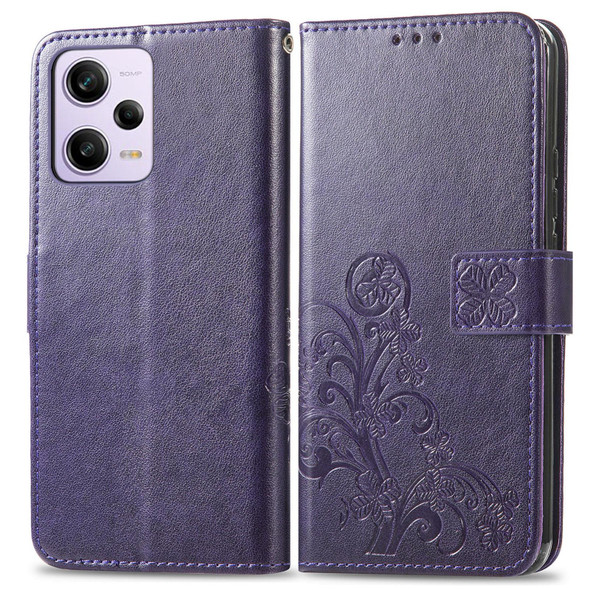 For Xiaomi Redmi Note 12 5G Global Four-leaf Clasp Embossed Buckle Leather Phone Case(Purple)